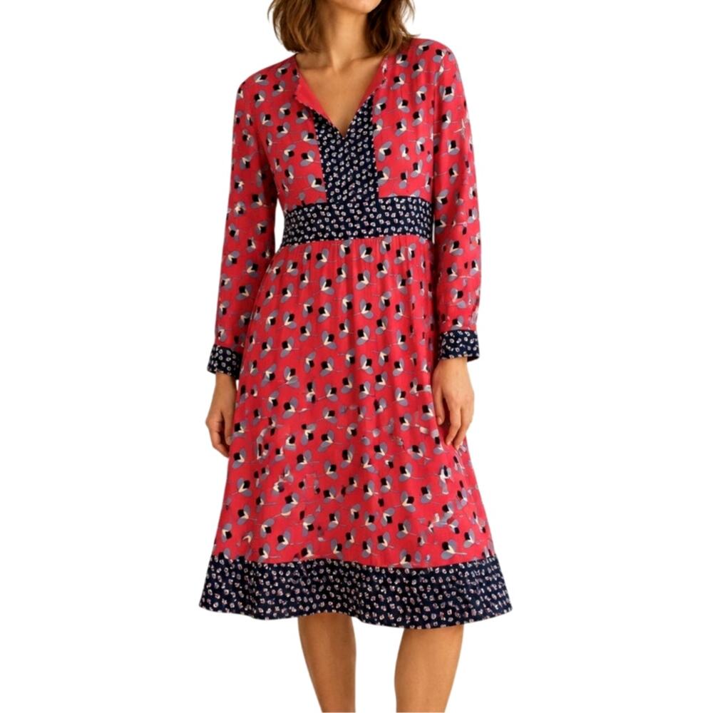 Boden Women’s US 12 Red Long Sleeve Midi Dress V-Neck Office Career Floral